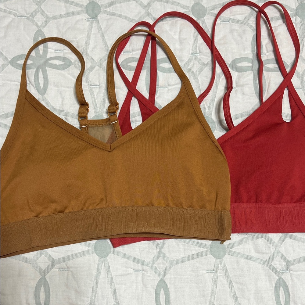 PINK Victoria's Secret Tan and Rose Razorback Sport Bras Duo Small